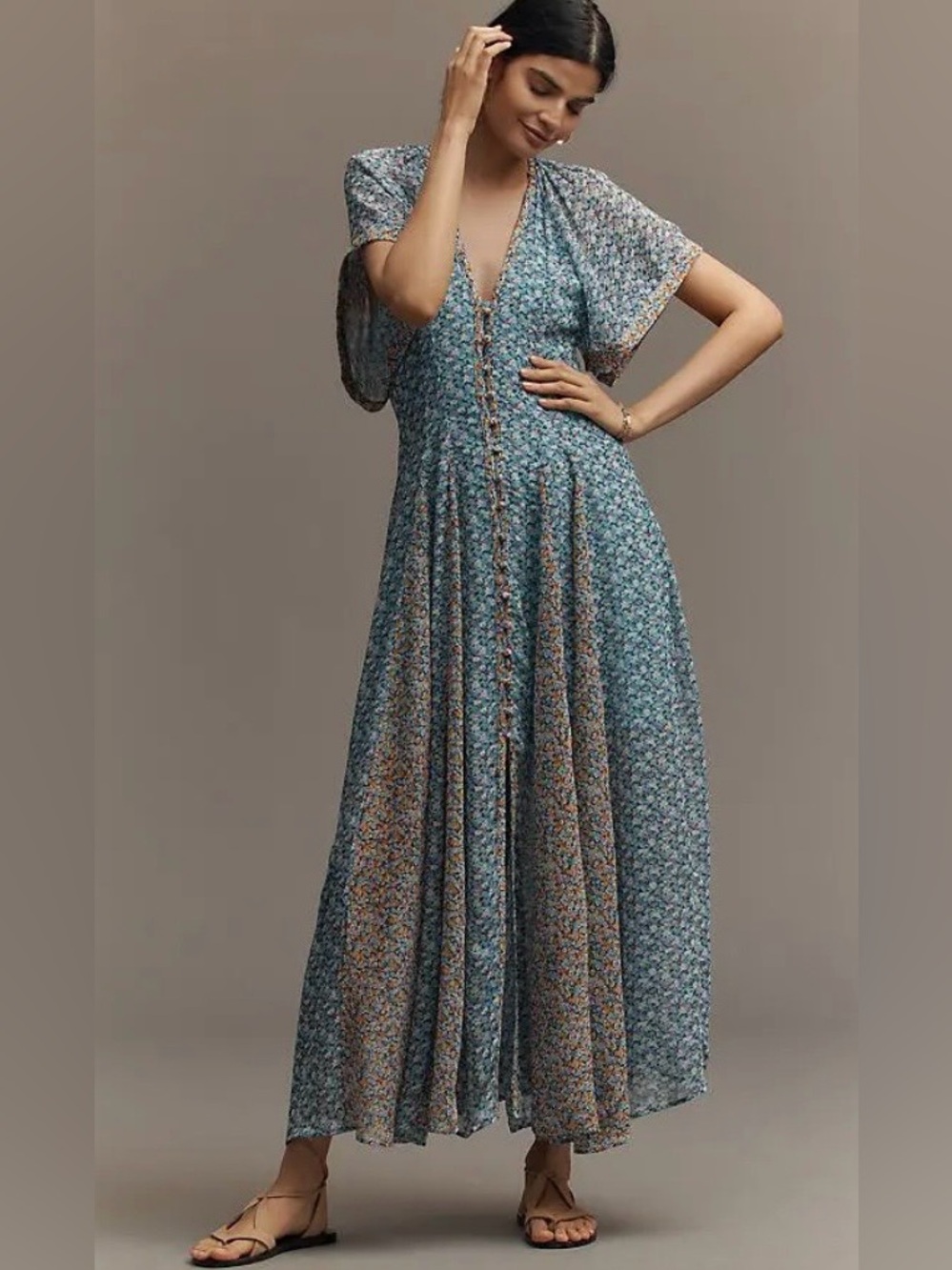 Anthropologie Floral V-Neck Blue Maxi Dress with Button Front size 2 - Picture 3 of 14